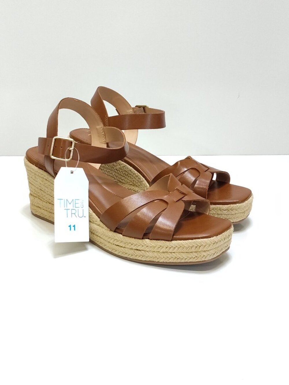 Time & Tru Cognac Wedge Sandals Size 11 With Adjustable Strap & Espadrille Platf